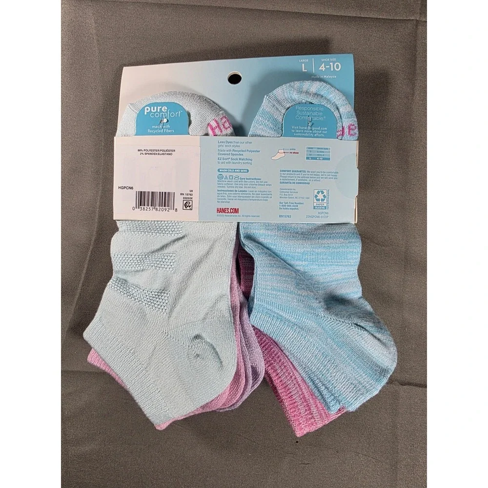 Hanes Premium Pure Comfort Girls' 6pk No Show Socks - L 4-10 6 PAIRS
